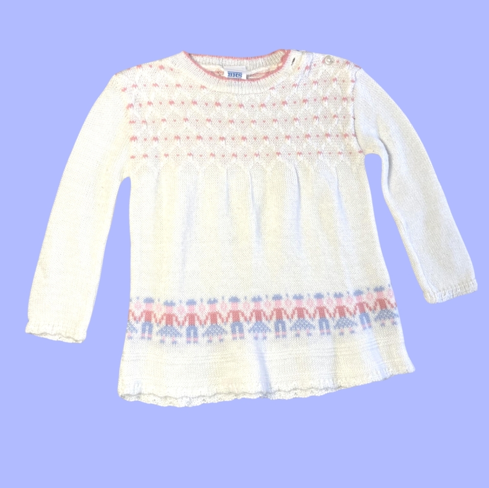 VINTAGE BABY GIRLS WHITE AND PINK BHS HOLDING HANDS SWEATER SIZE 6/12 MONTHS